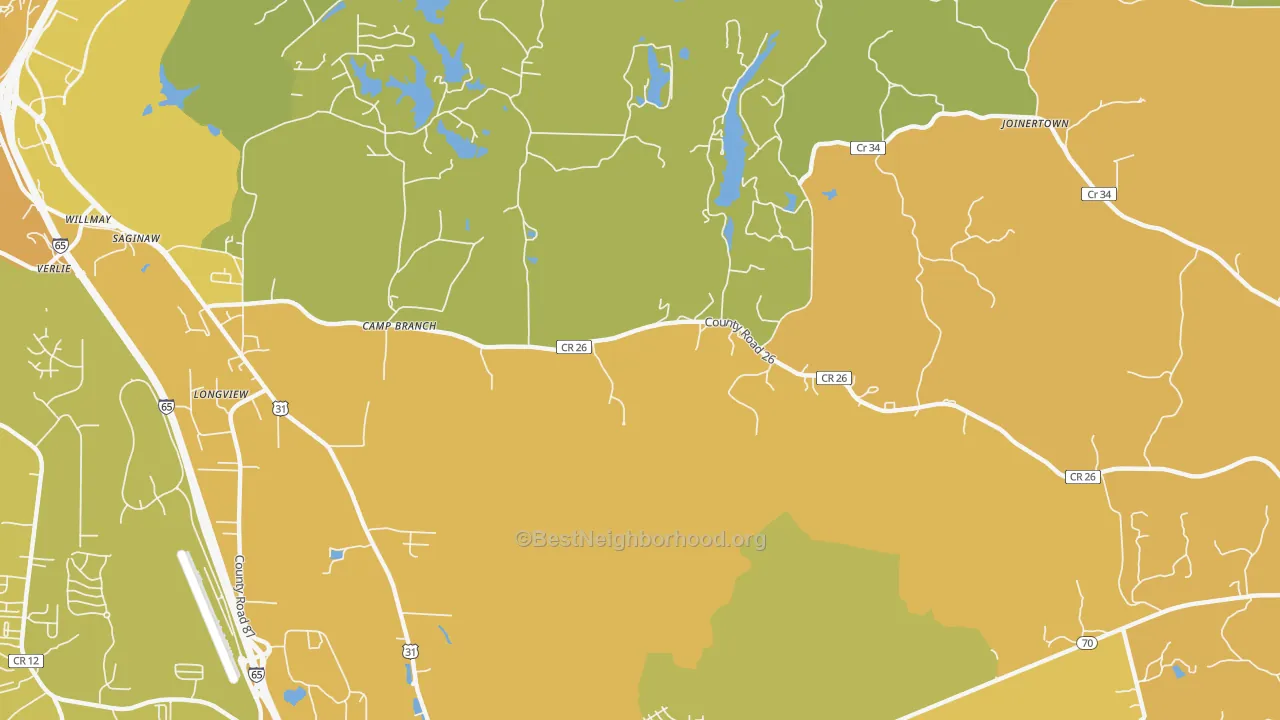 Map of the best neighborhoods in the Saginaw area, with better matches in green and worse matches in red