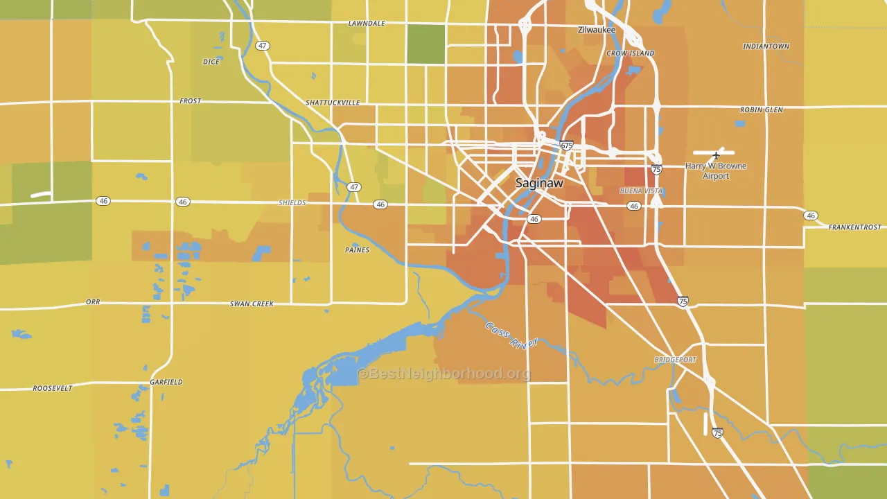 Map of the best neighborhoods in the Saginaw County area, with better matches in green and worse matches in red