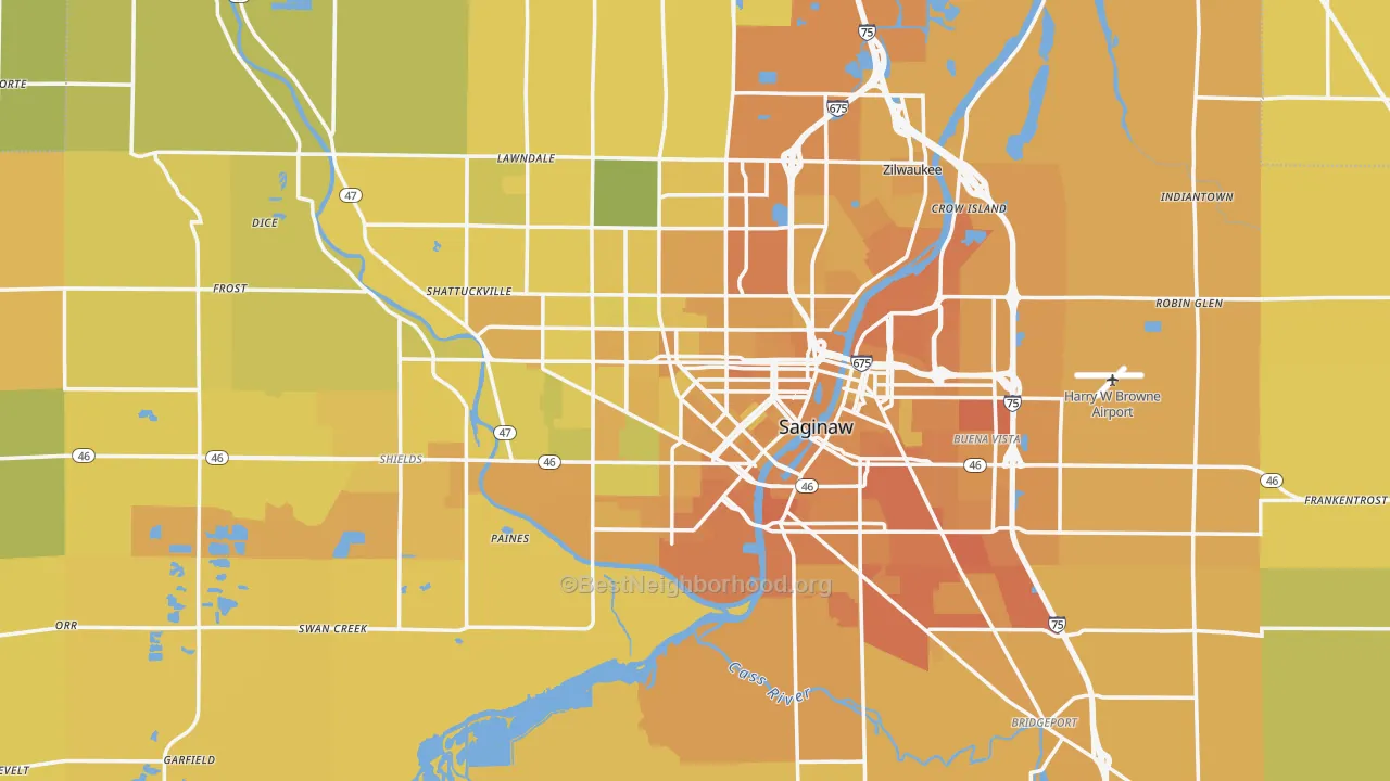 Map of the best neighborhoods in the Saginaw Metro area, with better matches in green and worse matches in red