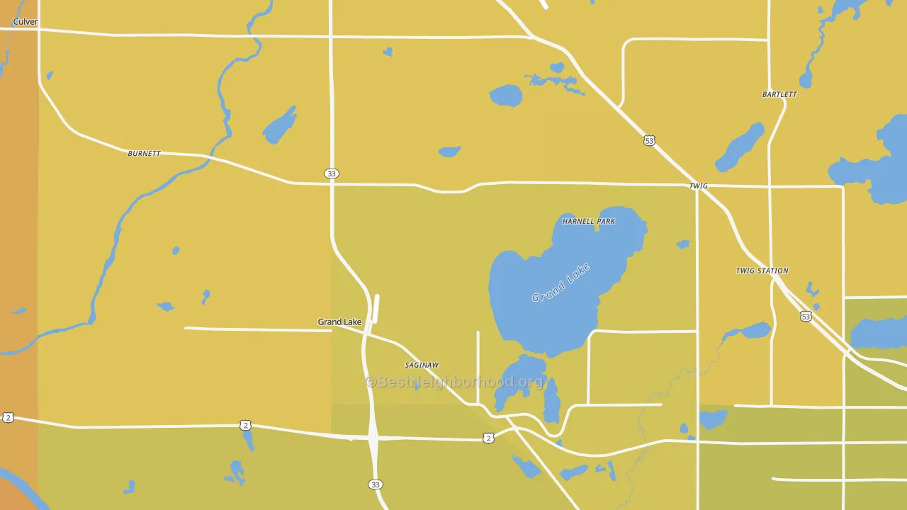 Map of the best neighborhoods in the Saginaw area, with better matches in green and worse matches in red