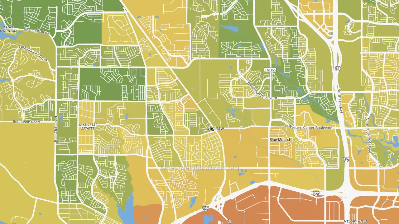 Map of the best neighborhoods in the Saginaw area, with better matches in green and worse matches in red