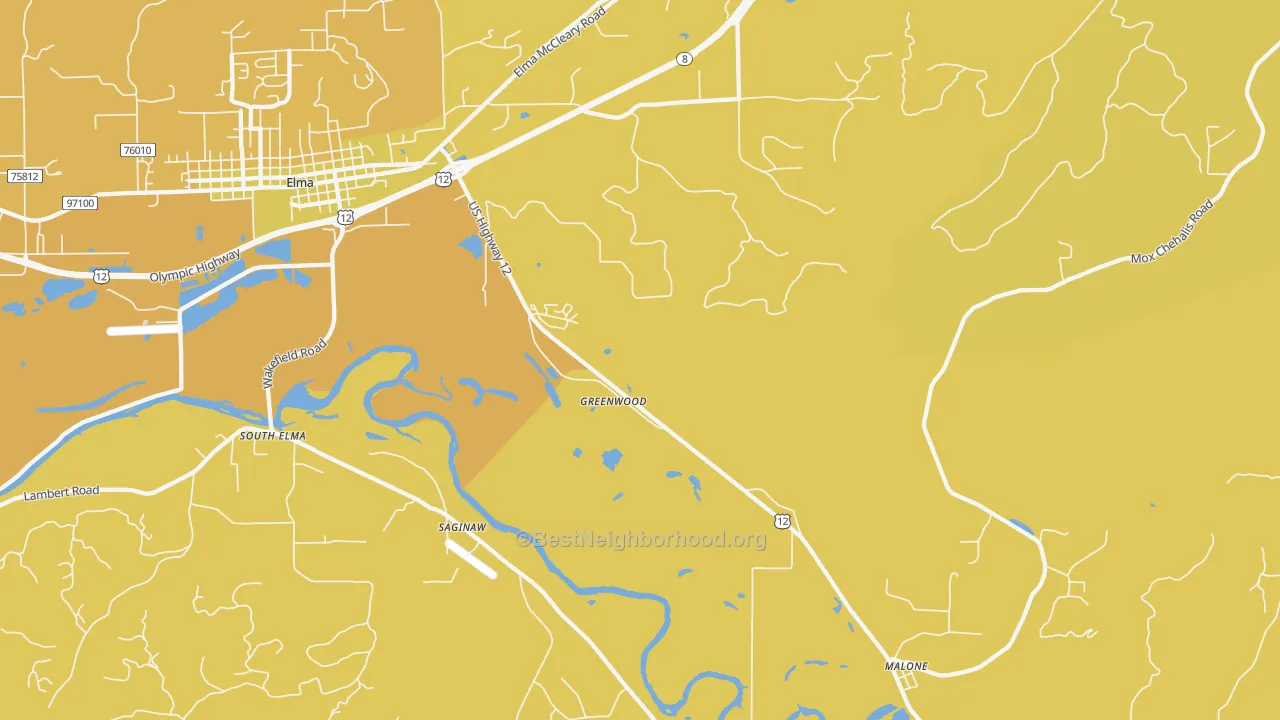 Map of the best neighborhoods in the Saginaw area, with better matches in green and worse matches in red