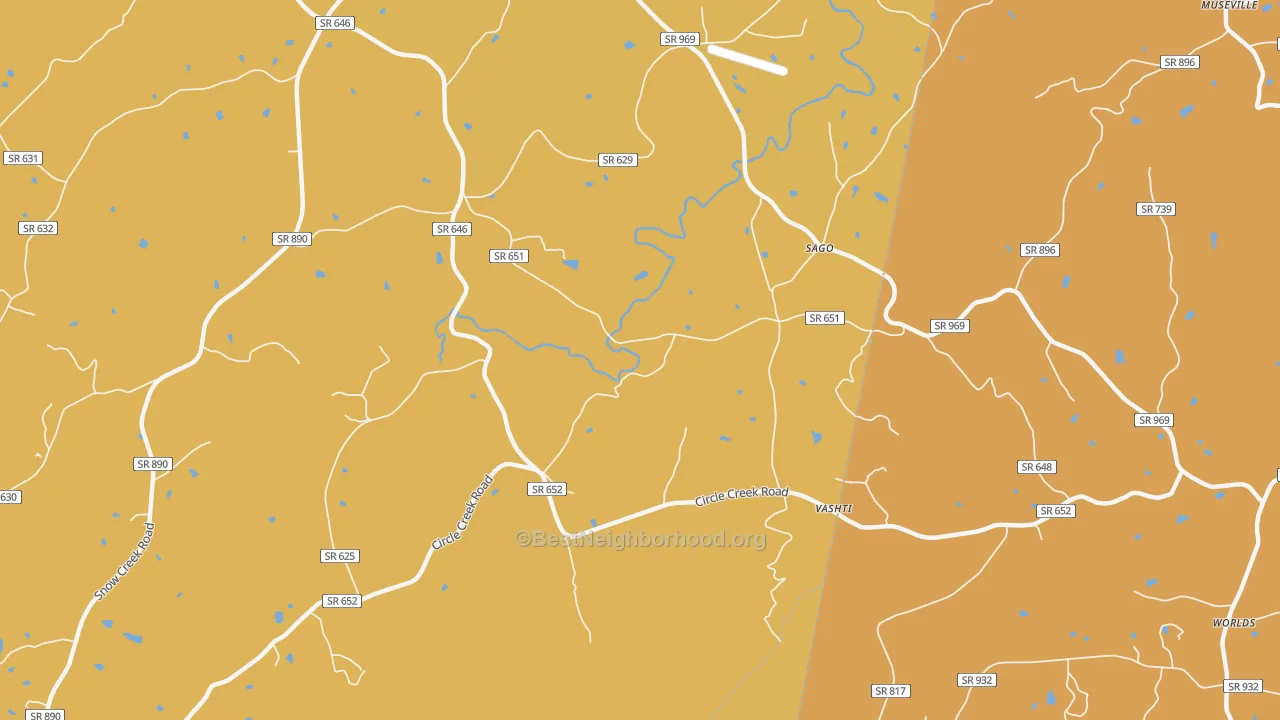 Map of the best neighborhoods in the Sago area, with better matches in green and worse matches in red