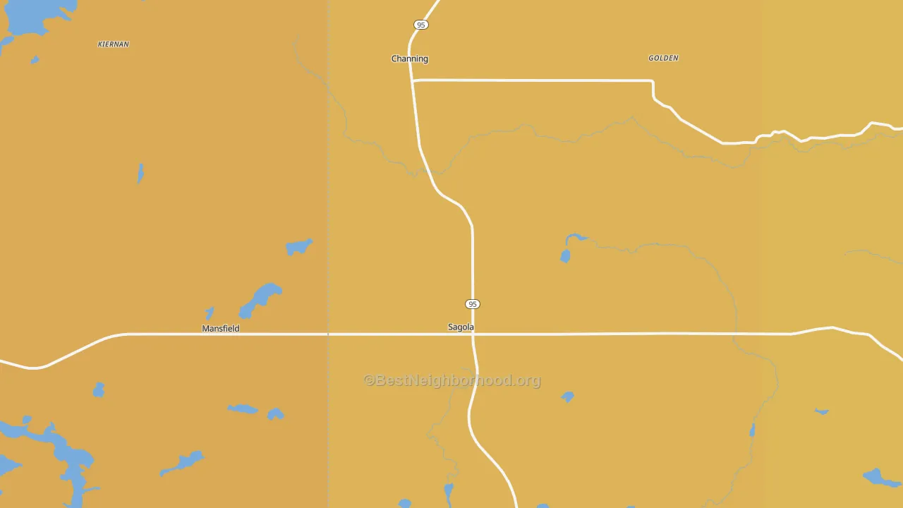 Map of the best neighborhoods in the Sagola area, with better matches in green and worse matches in red