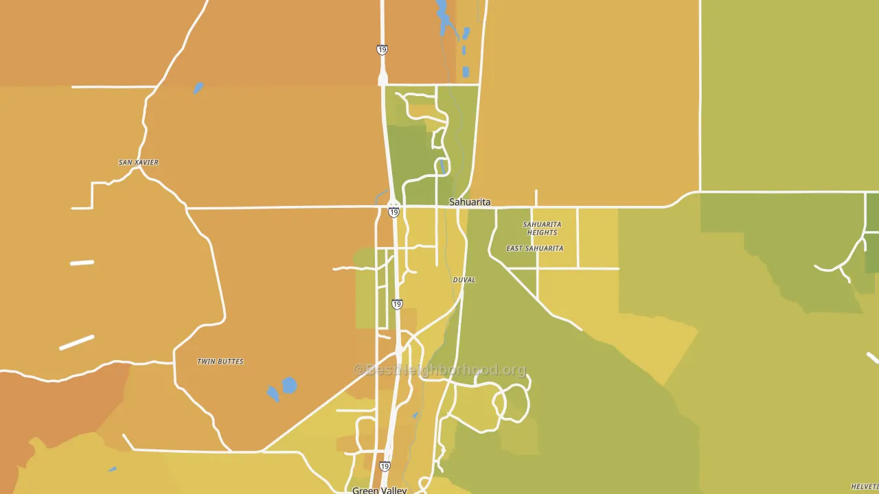 Map of the best neighborhoods in the Sahuarita area, with better matches in green and worse matches in red