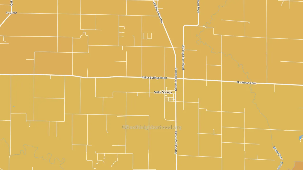 Map of the best neighborhoods in the Sailor Springs area, with better matches in green and worse matches in red