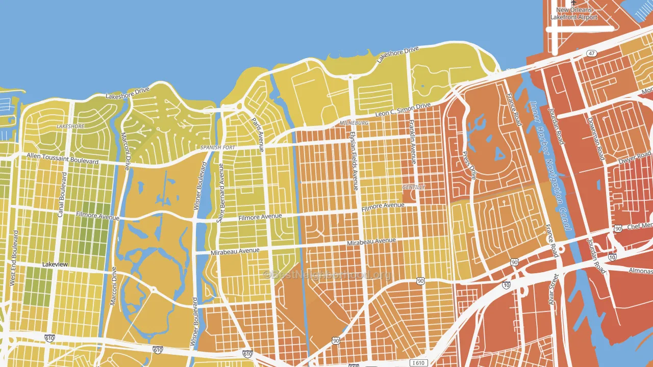 Map of the best neighborhoods in the Saint Anthony, New Orleans area, with better matches in green and worse matches in red
