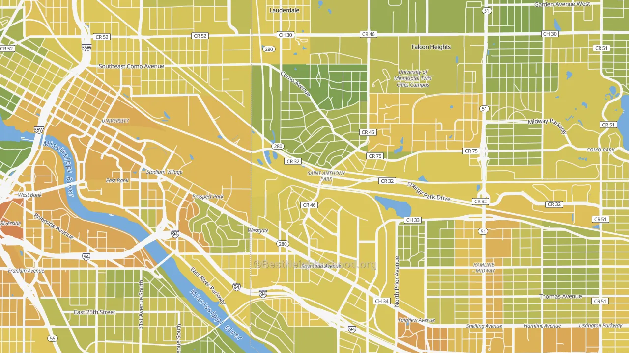 Map of the best neighborhoods in the Saint Anthony, St. Paul area, with better matches in green and worse matches in red