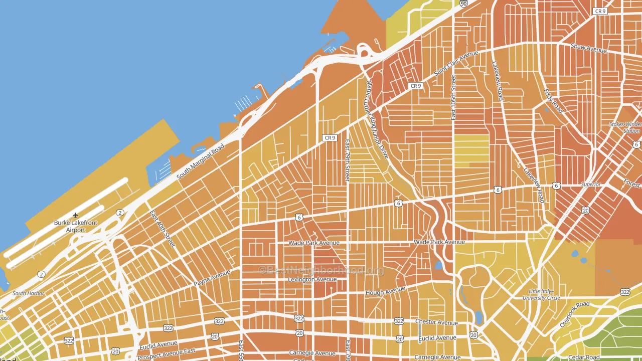 Map of the best neighborhoods in the Saint Claire-Superior, Cleveland area, with better matches in green and worse matches in red