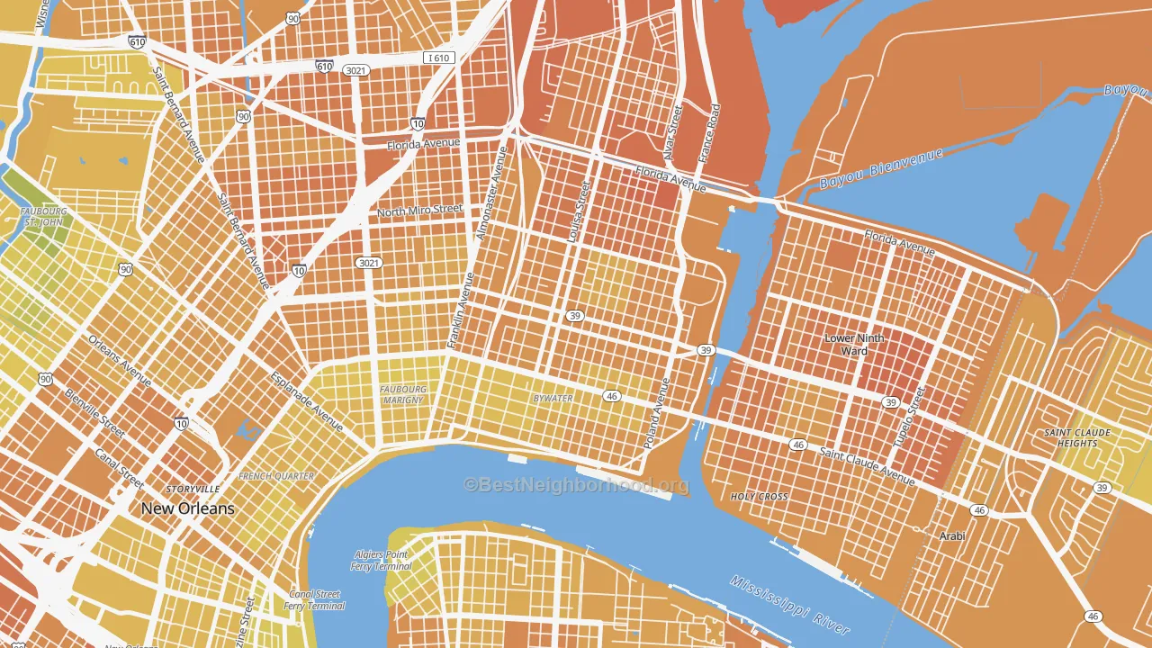 Map of the best neighborhoods in the Saint Claude, New Orleans area, with better matches in green and worse matches in red