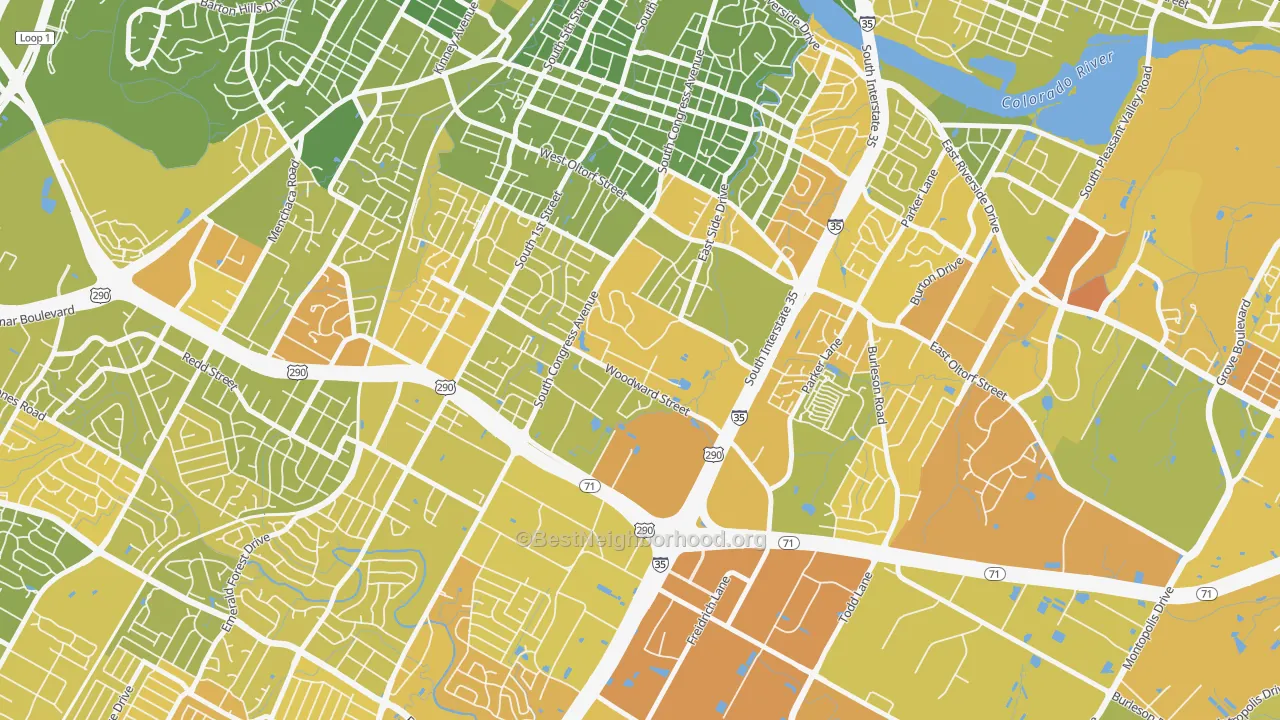 Map of the best neighborhoods in the Saint Edwards, Austin area, with better matches in green and worse matches in red