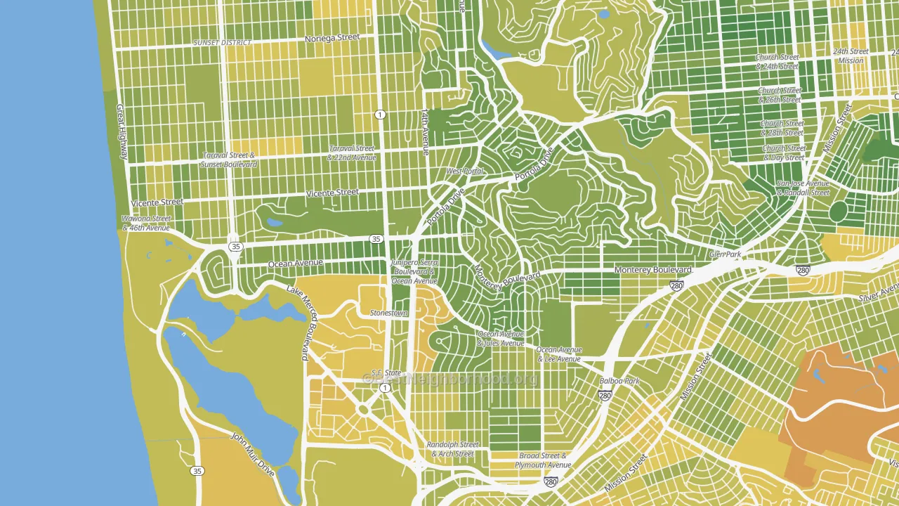 Map of the best neighborhoods in the Saint Francis Wood, San Francisco area, with better matches in green and worse matches in red