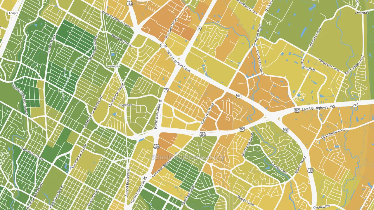 Map of the best neighborhoods in the Saint Johns, Austin area, with better matches in green and worse matches in red