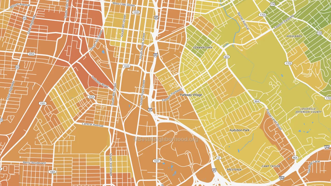 Map of the best neighborhoods in the Saint Joseph, Louisville area, with better matches in green and worse matches in red