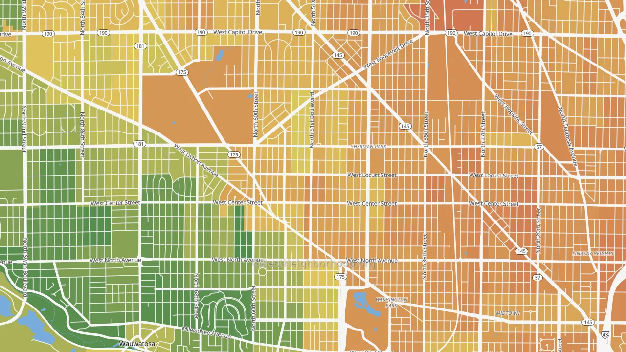 Map of the best neighborhoods in the Saint Joseph, Milwaukee area, with better matches in green and worse matches in red