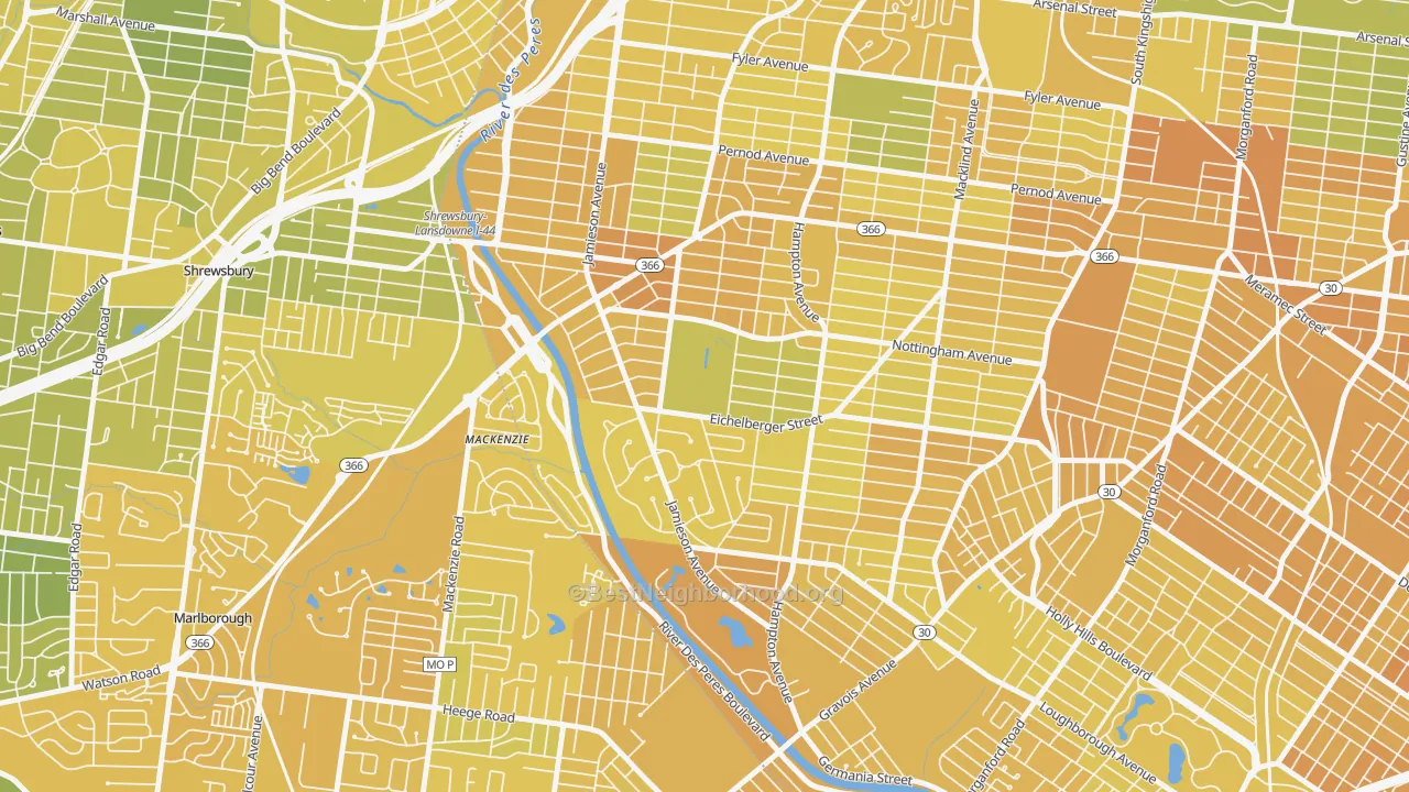 Map of the best neighborhoods in the Saint Louis Hills, St. Louis area, with better matches in green and worse matches in red