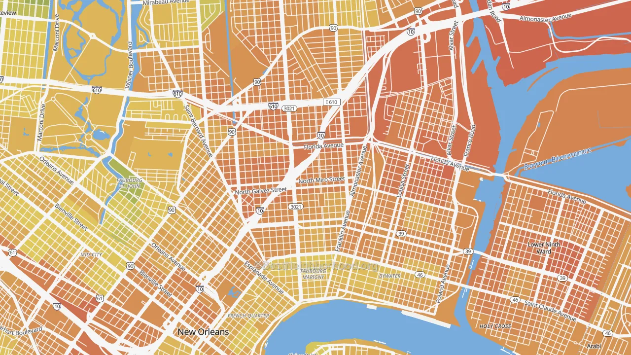 Map of the best neighborhoods in the Saint Roch, New Orleans area, with better matches in green and worse matches in red