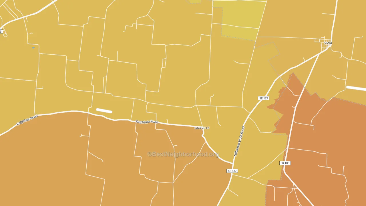 Map of the best neighborhoods in the Sainville area, with better matches in green and worse matches in red