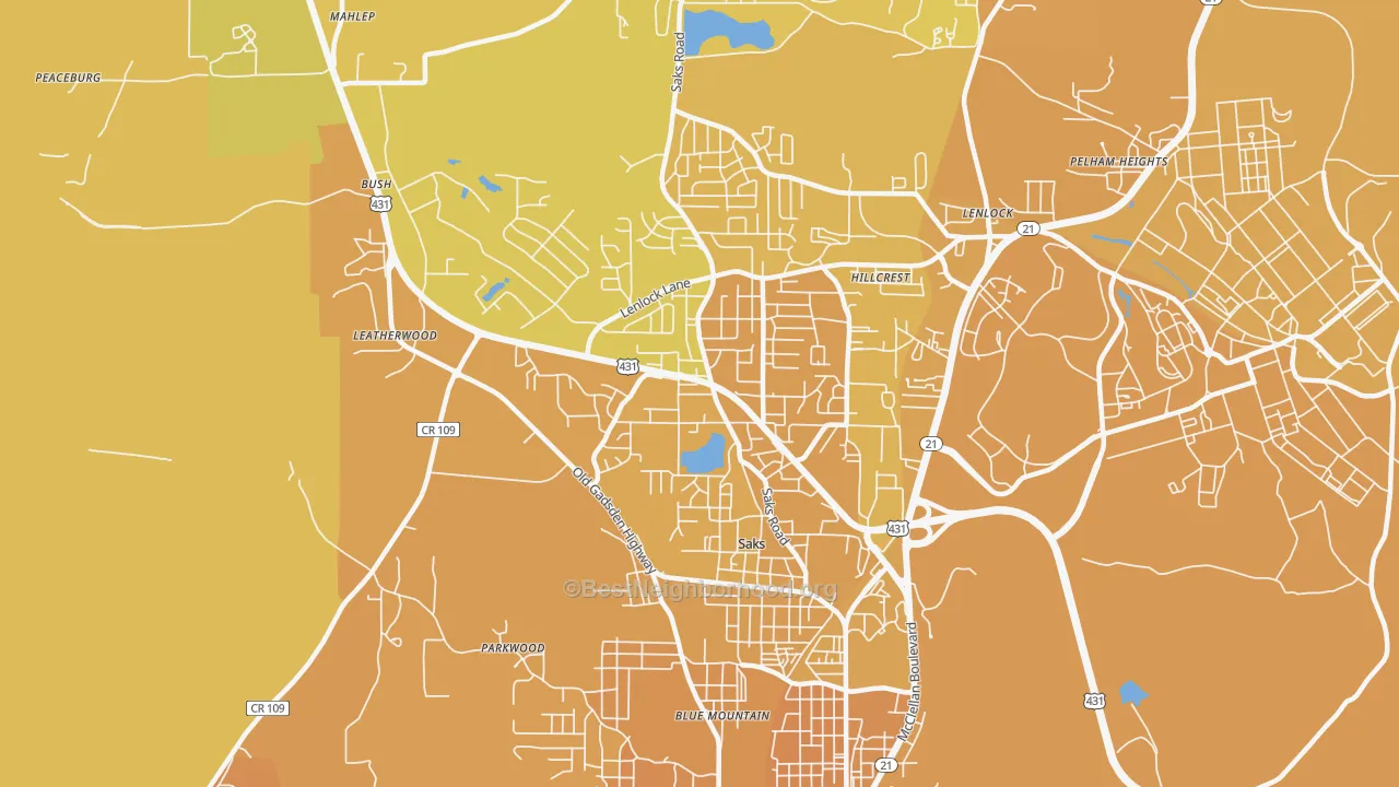 Map of the best neighborhoods in the Saks area, with better matches in green and worse matches in red