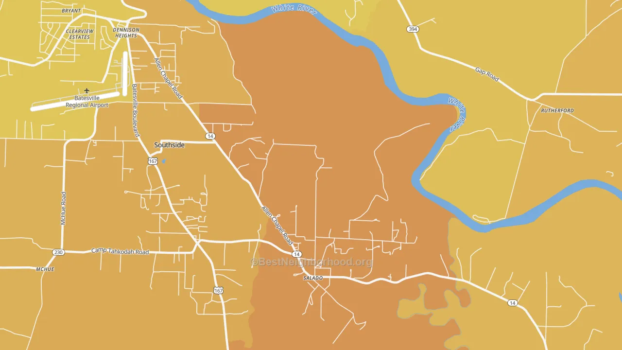 Map of the best neighborhoods in the Salado area, with better matches in green and worse matches in red