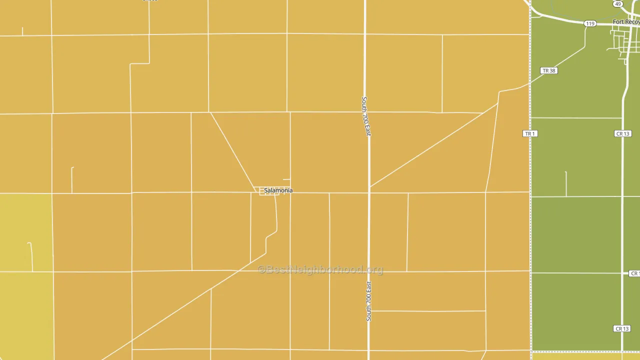 Map of the best neighborhoods in the Salamonia area, with better matches in green and worse matches in red