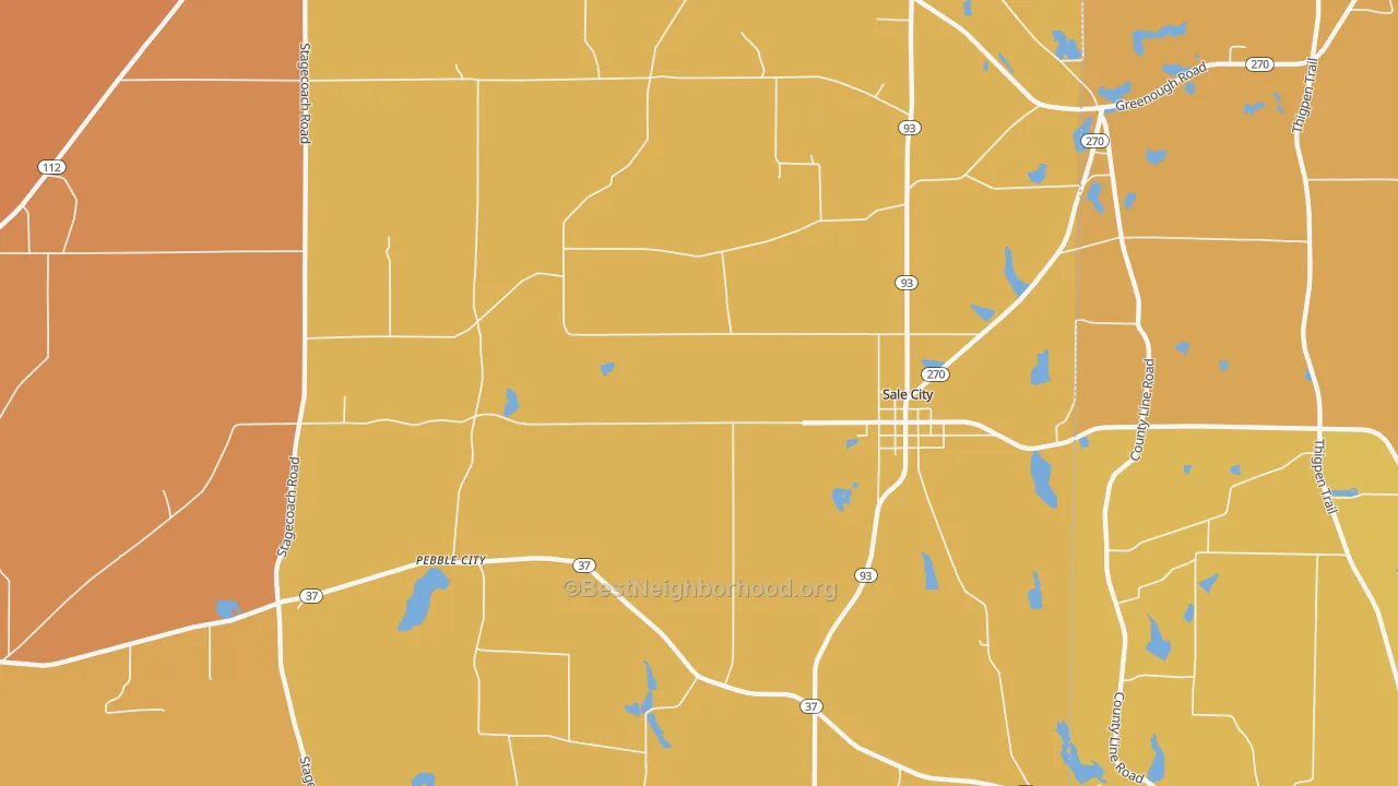 Map of the best neighborhoods in the Sale City area, with better matches in green and worse matches in red