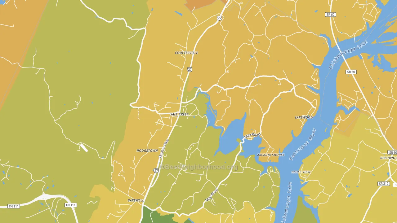 Map of the best neighborhoods in the Sale Creek area, with better matches in green and worse matches in red