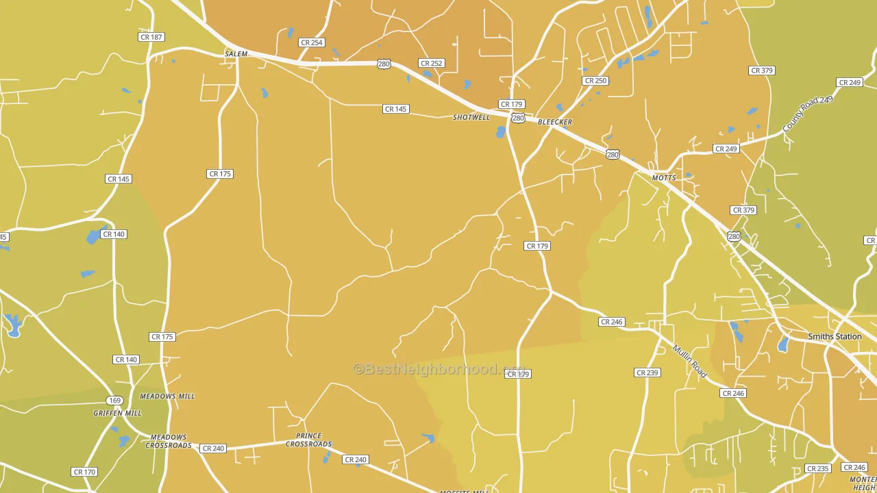 Map of the best neighborhoods in the Salem area, with better matches in green and worse matches in red