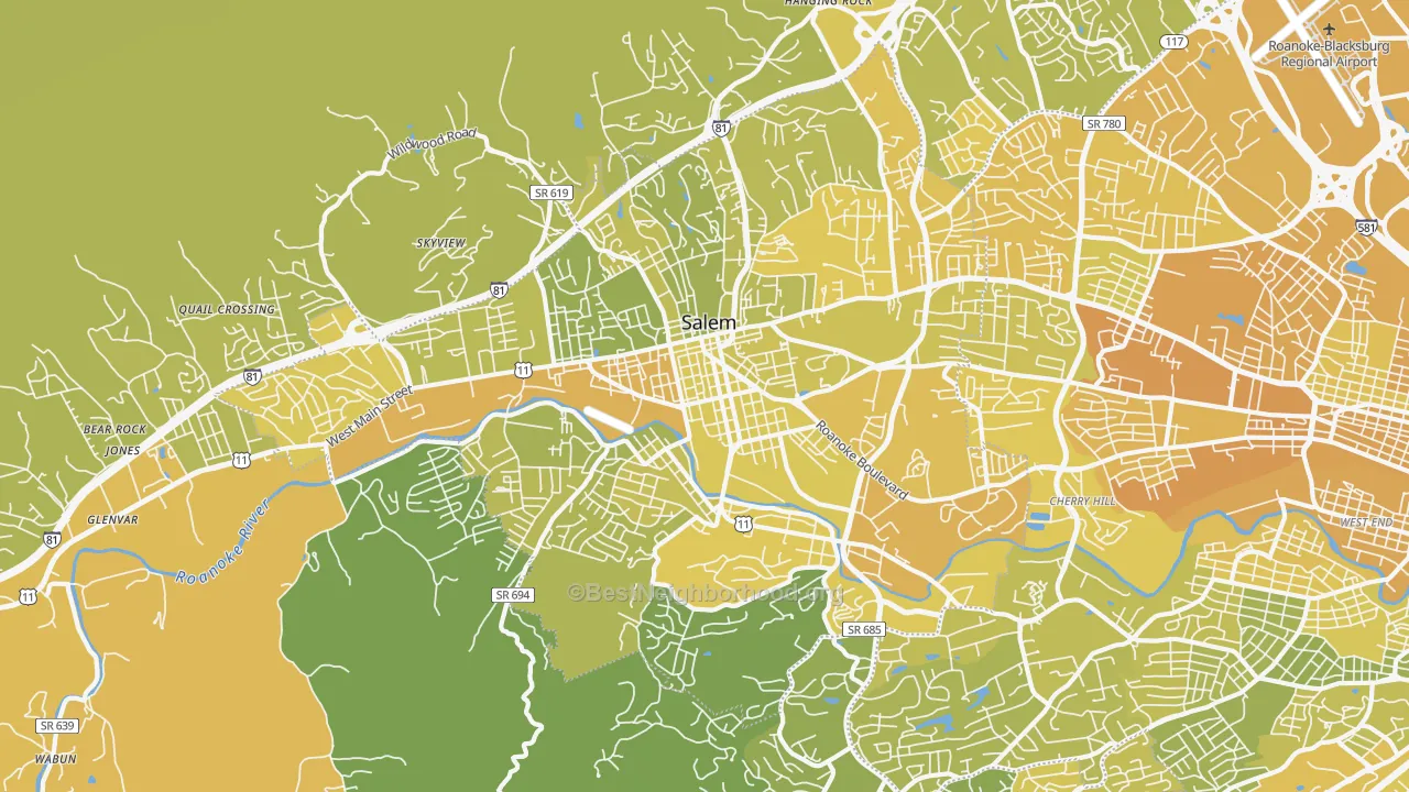 Map of the best neighborhoods in the Salem City area, with better matches in green and worse matches in red