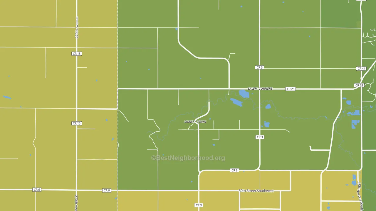 Map of the best neighborhoods in the Salem Corners area, with better matches in green and worse matches in red