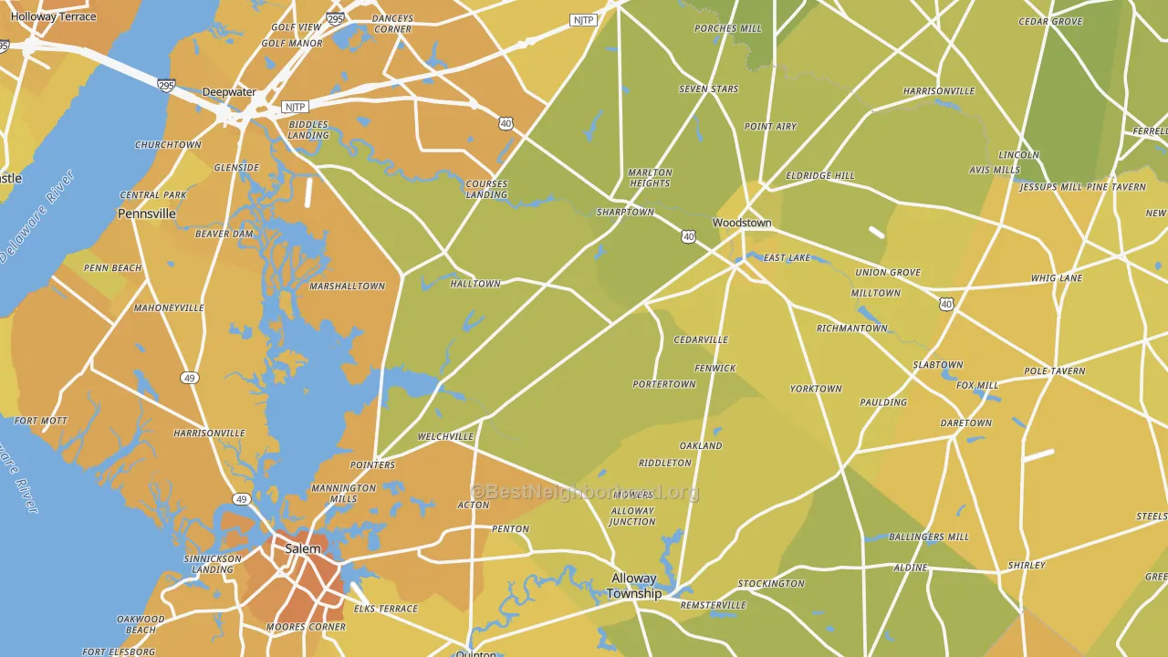 Map of the best neighborhoods in the Salem County area, with better matches in green and worse matches in red