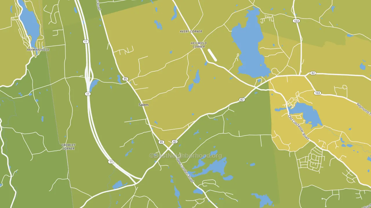 Map of the best neighborhoods in the Salem area, with better matches in green and worse matches in red
