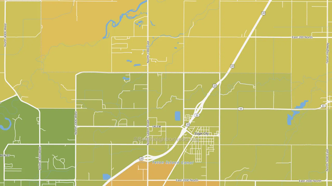 Map of the best neighborhoods in the Salem area, with better matches in green and worse matches in red