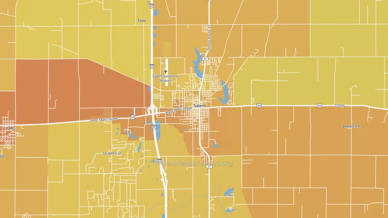 Map of the best neighborhoods in the Salem area, with better matches in green and worse matches in red