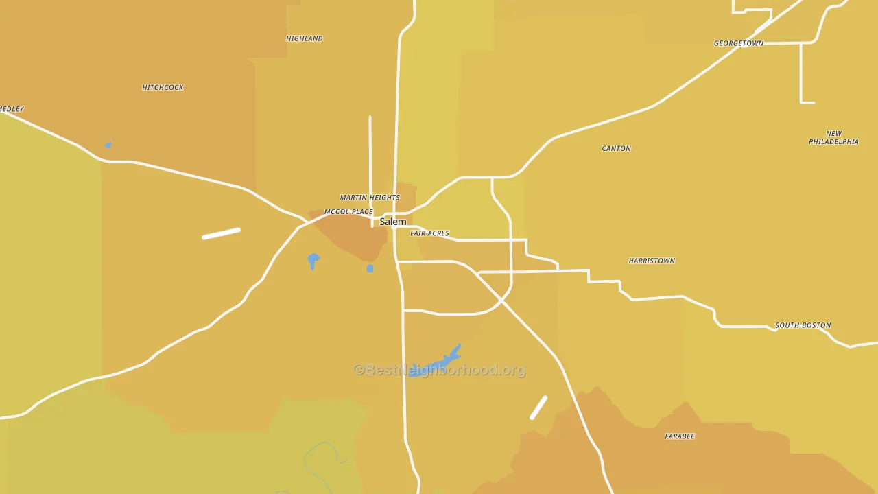 Map of the best neighborhoods in the Salem area, with better matches in green and worse matches in red