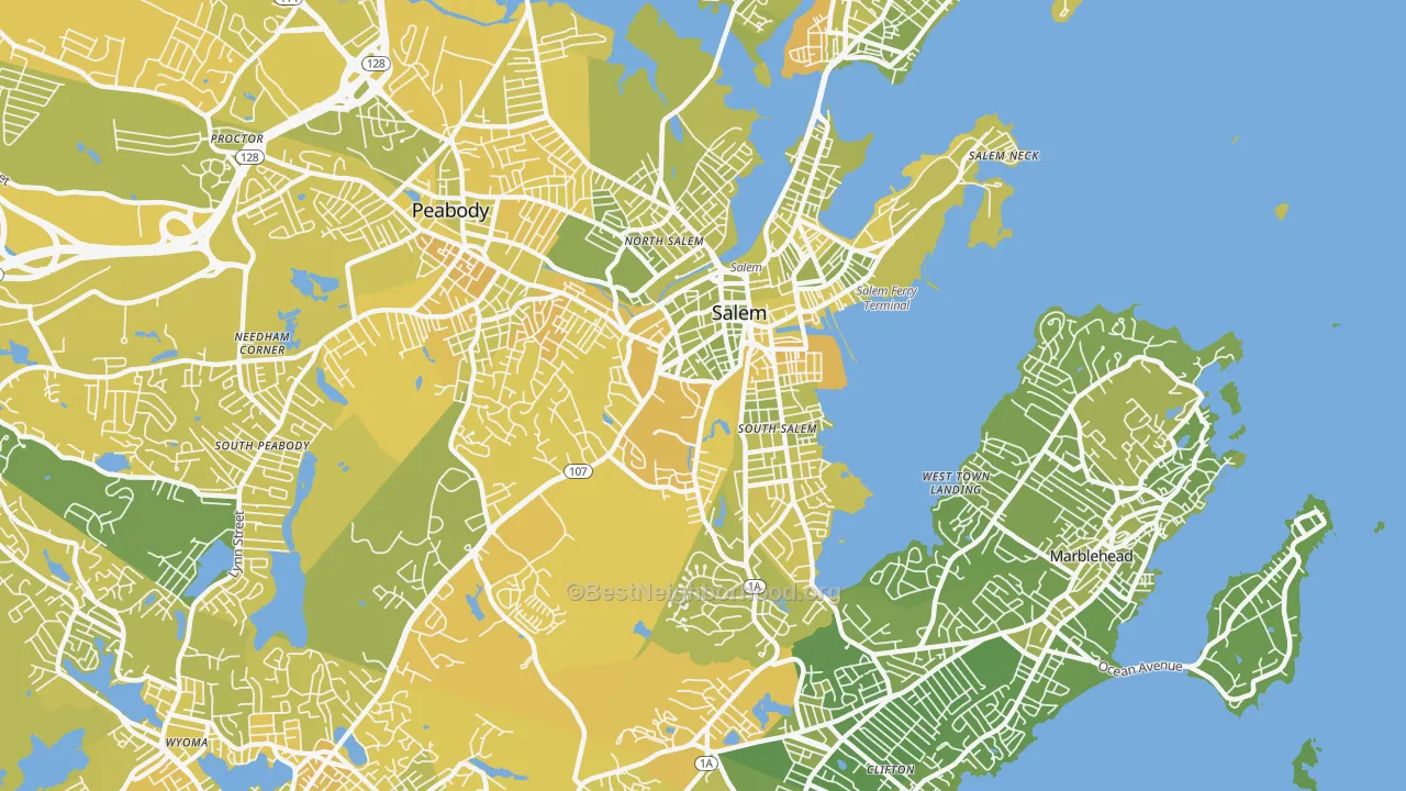 Map of the best neighborhoods in the Salem area, with better matches in green and worse matches in red