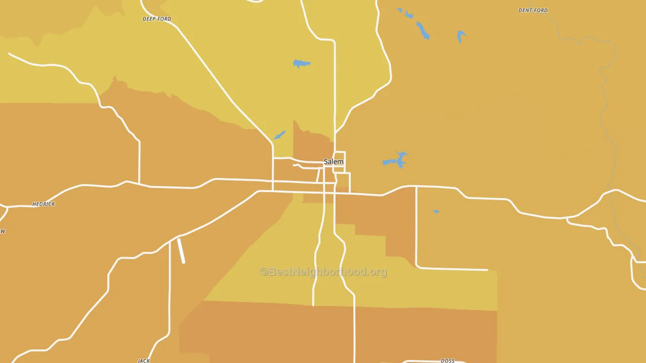 Map of the best neighborhoods in the Salem area, with better matches in green and worse matches in red