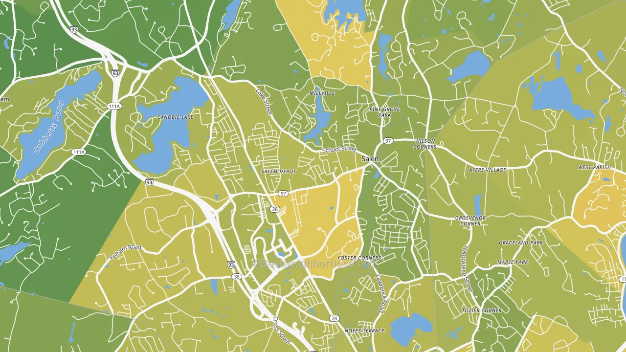 Map of the best neighborhoods in the Salem area, with better matches in green and worse matches in red