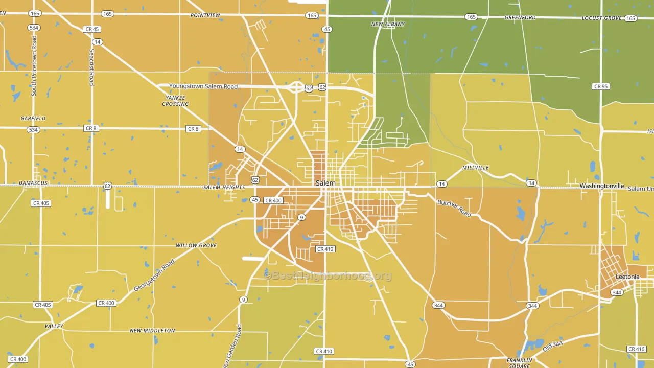 Map of the best neighborhoods in the Salem area, with better matches in green and worse matches in red