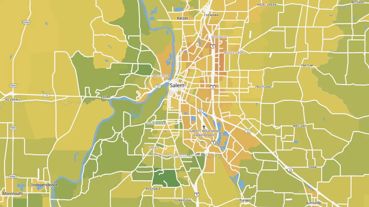 Map of the best neighborhoods in the Salem Metro area, with better matches in green and worse matches in red