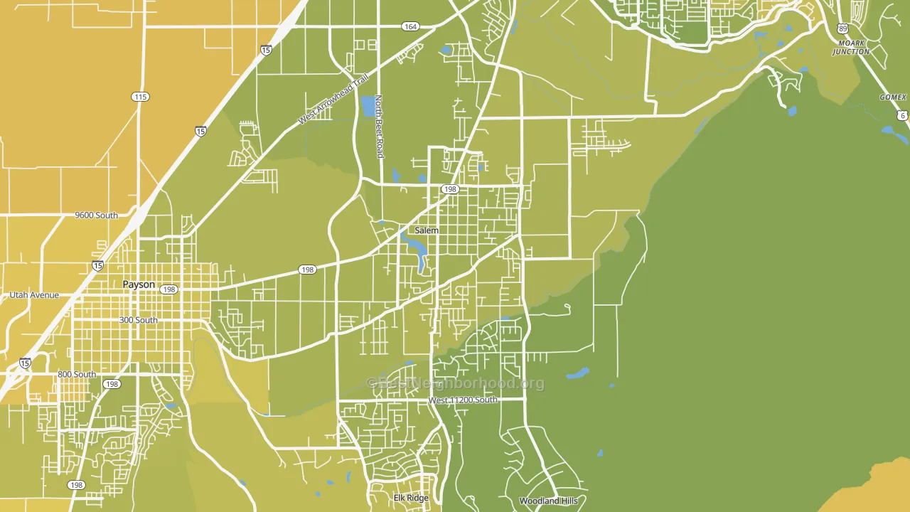 Map of the best neighborhoods in the Salem area, with better matches in green and worse matches in red