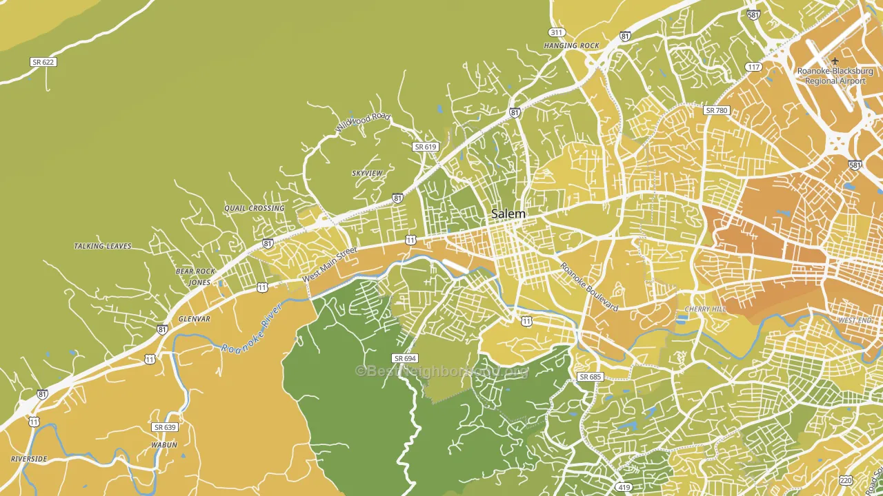 Map of the best neighborhoods in the Salem area, with better matches in green and worse matches in red