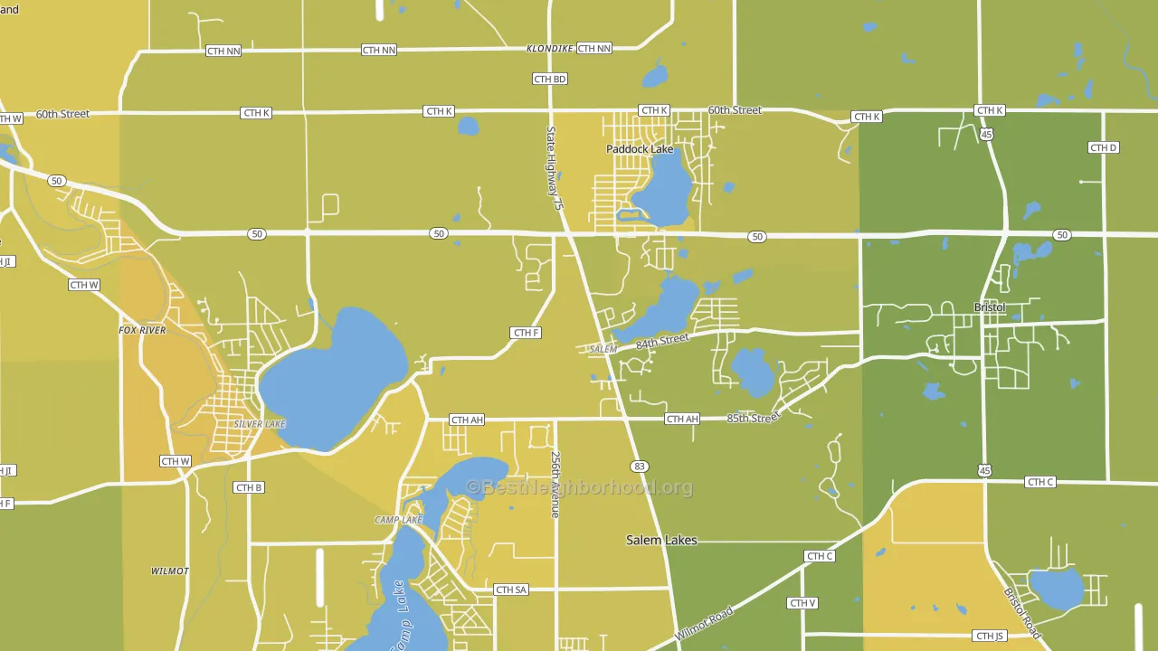 Map of the best neighborhoods in the Salem area, with better matches in green and worse matches in red