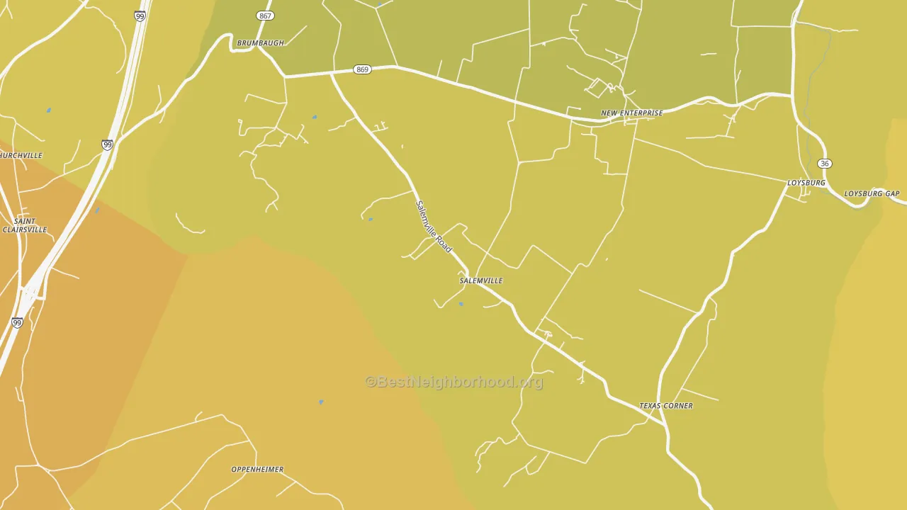 Map of the best neighborhoods in the Salemville area, with better matches in green and worse matches in red
