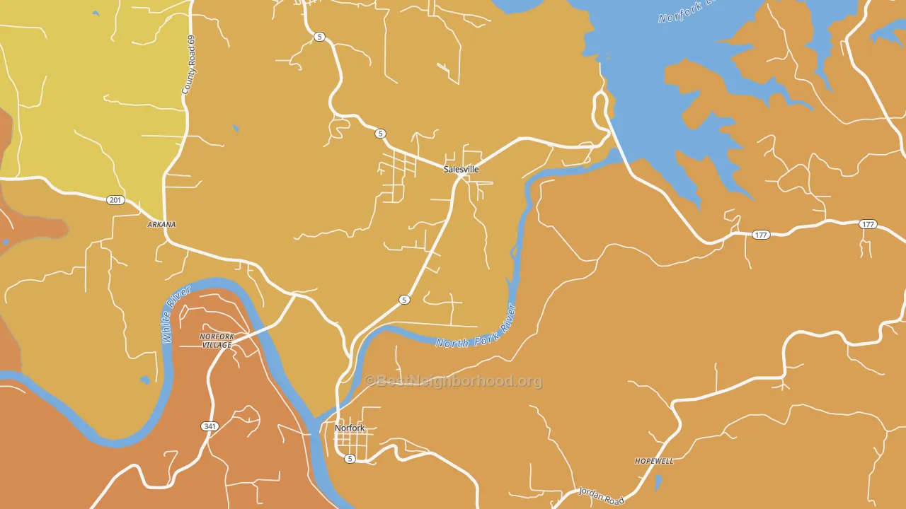 Map of the best neighborhoods in the Salesville area, with better matches in green and worse matches in red