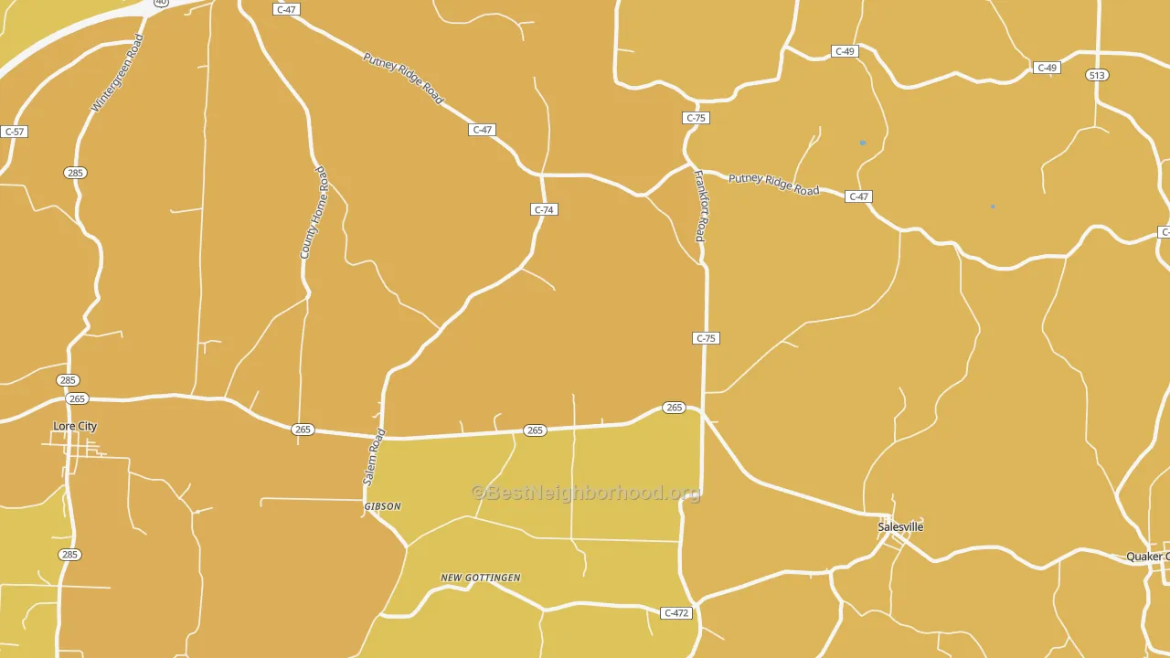 Map of the best neighborhoods in the Salesville area, with better matches in green and worse matches in red