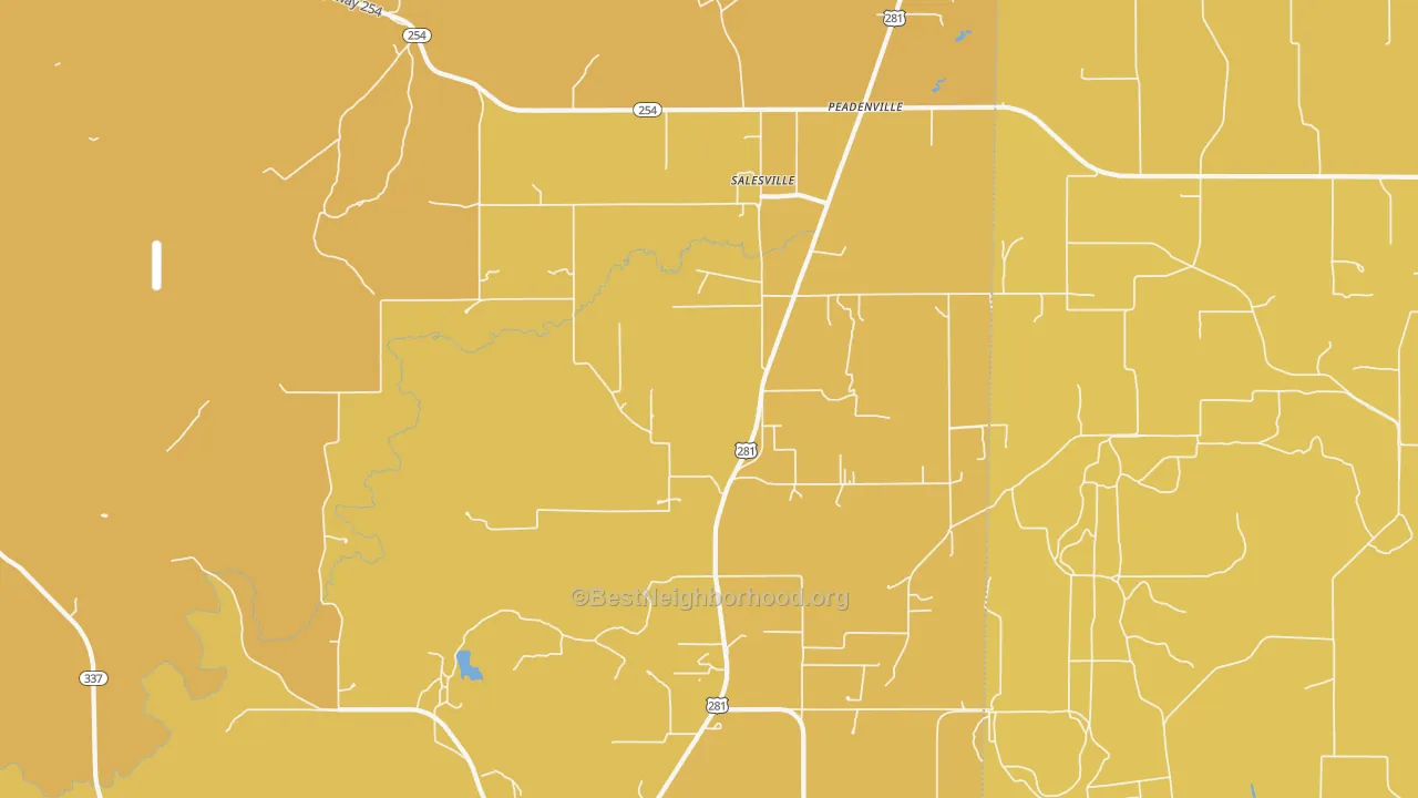 Map of the best neighborhoods in the Salesville area, with better matches in green and worse matches in red