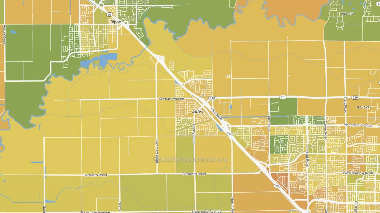 Map of the best neighborhoods in the Salida area, with better matches in green and worse matches in red