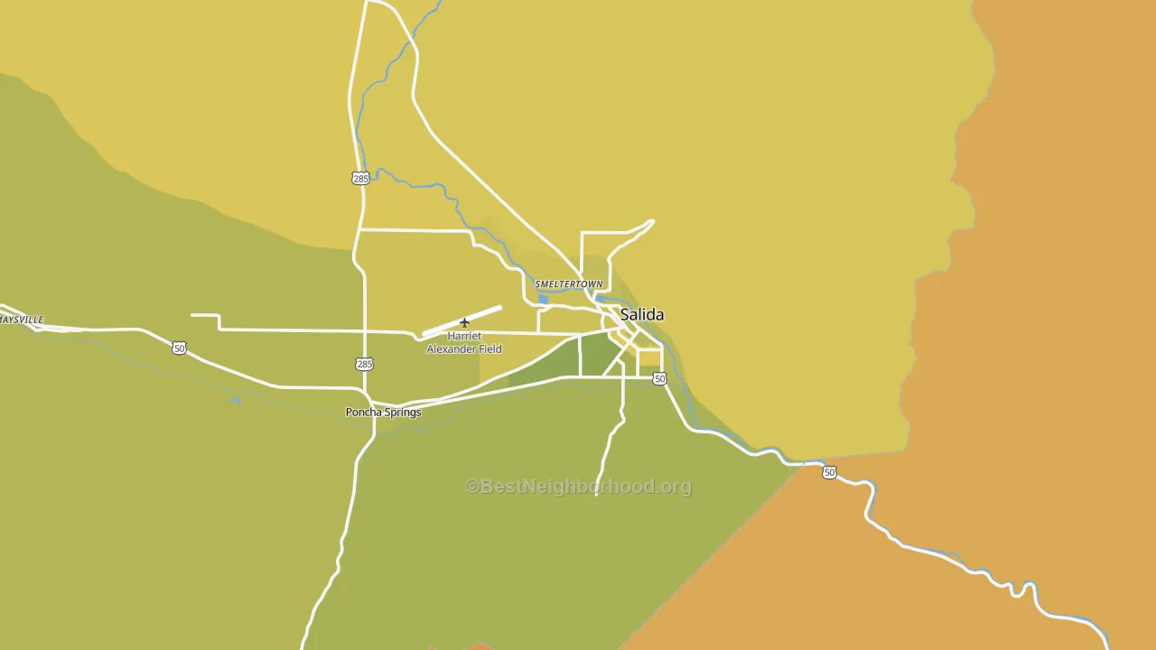 Map of the best neighborhoods in the Salida area, with better matches in green and worse matches in red