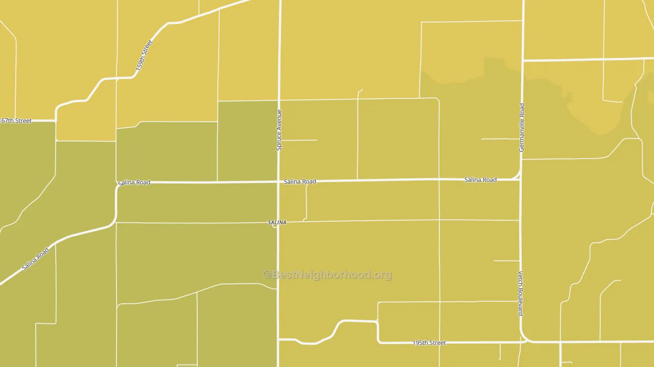 Map of the best neighborhoods in the Salina area, with better matches in green and worse matches in red